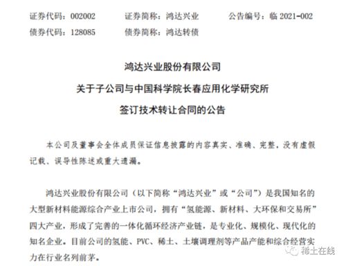 鴻達(dá)興業(yè)攜手新達(dá)茂稀土，引進(jìn)中科院長(zhǎng)春應(yīng)化所核心專利技術(shù)，加速稀土產(chǎn)業(yè)技術(shù)升級(jí)